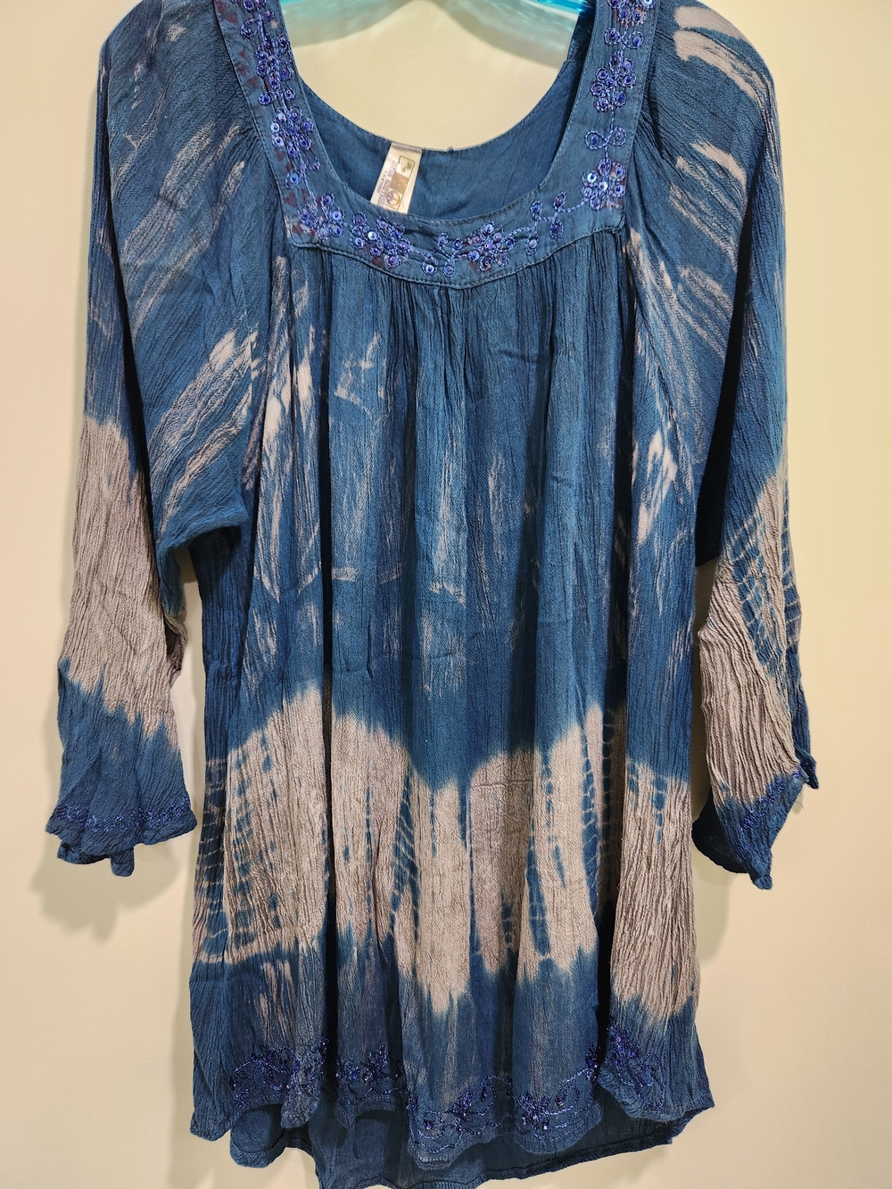 India Boutique Blue Tie-Dye Scoop Neck Tunic with Beaded Trim